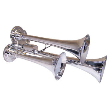 LRD130 Mini Triple Train Horn Chrome plated zinc alloy trumpets 130db @ 100 psi 152db @ 150psi 160psi max Includes 12V solenoid