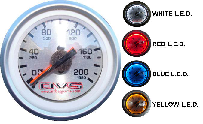 AVS DUAL Needle 2^ Air Gauge SILVER face w/ white led 1/8^ male npt ACSGAU200AVS2