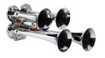 LRD141 Mini Quad Train Horn Chrome plated zinc alloy trumpets 130db @ 100 psi 152db @ 150psi 160psi max Includes 12V solenoid Trumpet lenghts 78-1/21114 1/4^