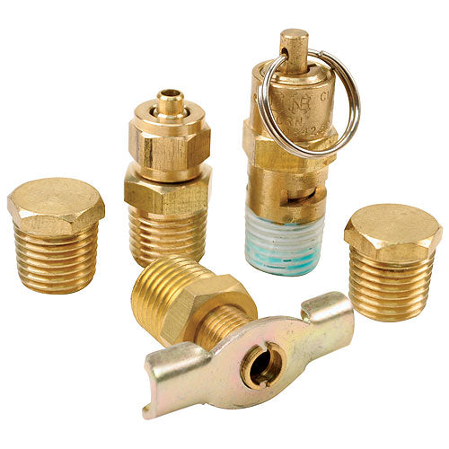 VIA90005 Viair 5pc. Tank Fitting Pack (2) 1/4^npt Plugs (1) 1/4^ Drain Cock (1) 1/4^ Compression Fitting (1) 175psi Saftey Valve