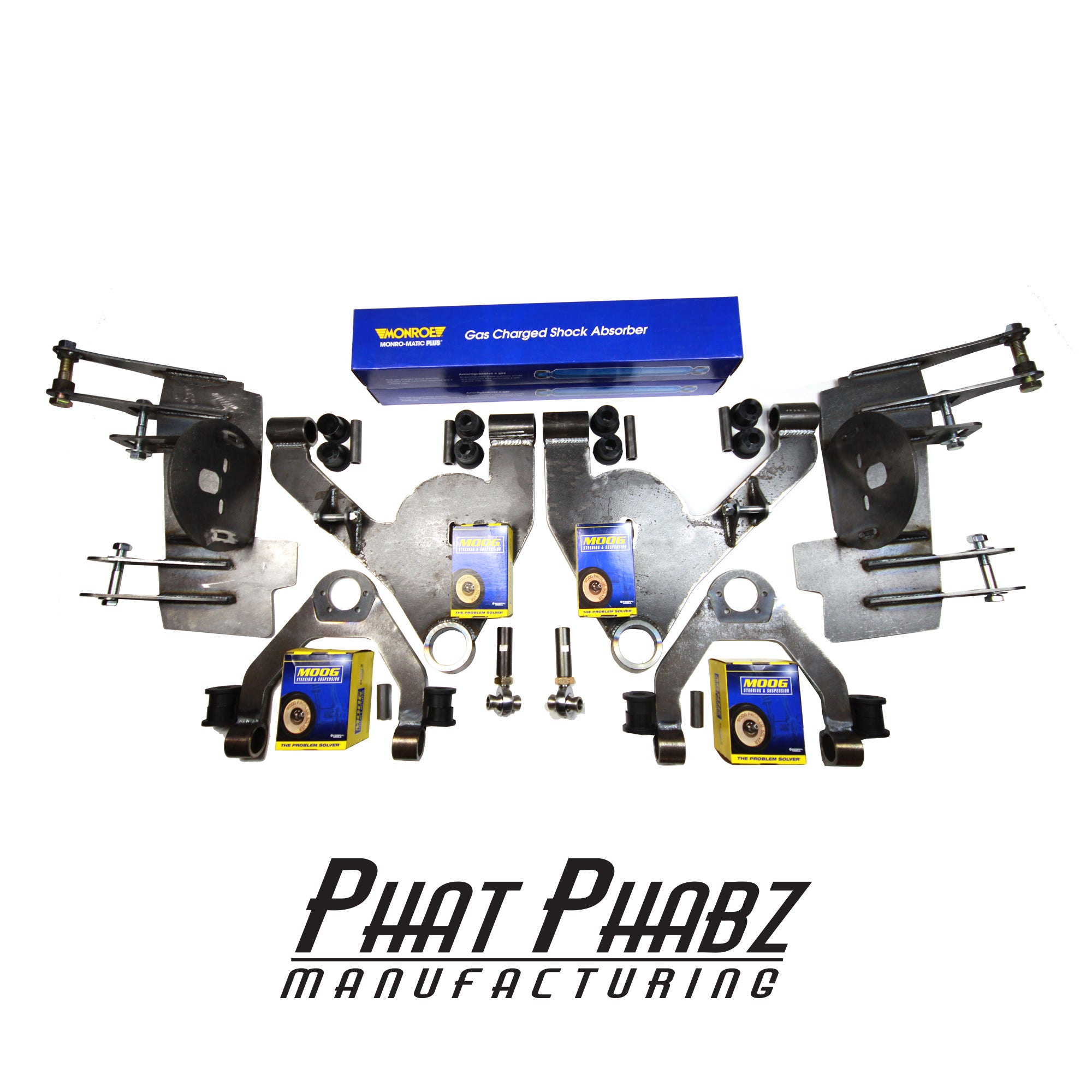 PHA 1001 Phat Phabz 99- 06 Silverao/Sierra Front Kit Features a 1^ narrowed Track Width Moog Ball Joints Monroe Shocks W/ Steering Kit with 3/4^ chromoly heims ** Will lay 22^-28^ wheels ** ** Price includes $100 spindle core charge **