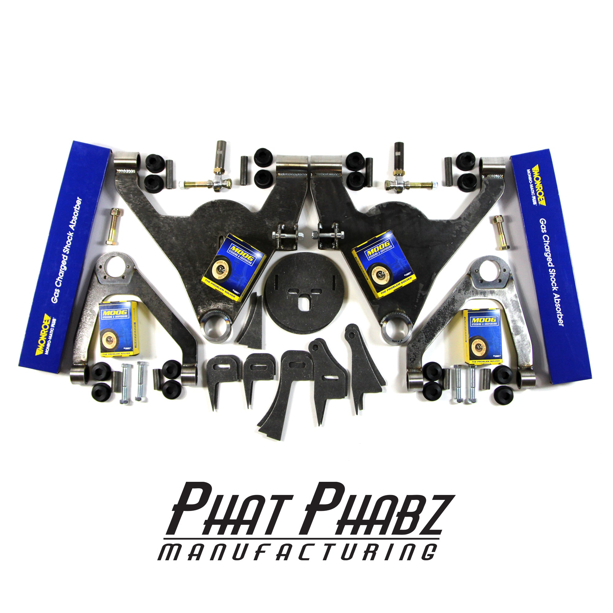 PHA 1002 Phat Phabz 07- 16 Silverado/Sierra Front Kit Features a 1^ Narrowed Track Width Moog Ball Joints Monroe Shocks W/ Steering Kit with 3/4^ Chromoly Heims. ** Will lay 22^-28^ wheels ** ** price includes $100 spindle core charge **