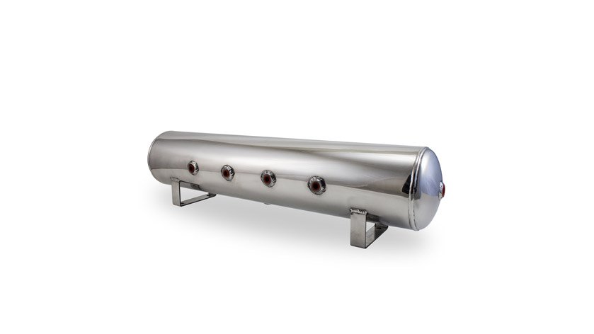 AIR-12957 Polished 4 Gal Alum Air Tank - (4) 1/4^ face ports (2) 3/8^ end ports & (1) 1/4^ drain port - 30^L x 6^D