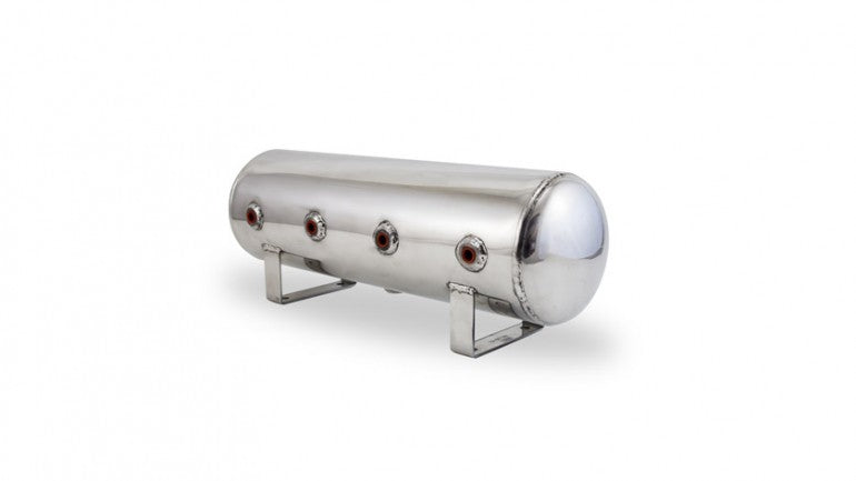AIR-12958 Polished 2.5 Gal Alum Air Tank - (4) 1/4^ face ports & (1) 1/4^ drain port - 20^ L x 6^ D