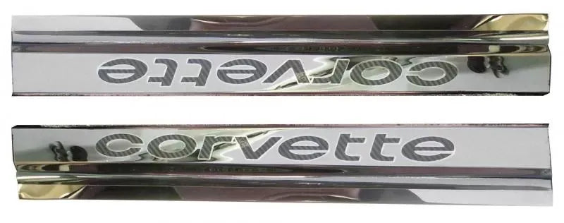 American Car Craft 2Pc Polished Stainless White Carbon Fiber Door Sills w/Vinyl Inlay Lettering Chevrolet C3 Corvette 1978-1982