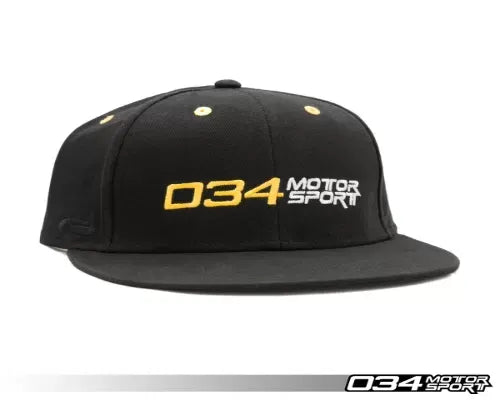 034 Motorsports Snapback Hat - Adjustable Cotton-Twill, All Black with Yellow Eyelets