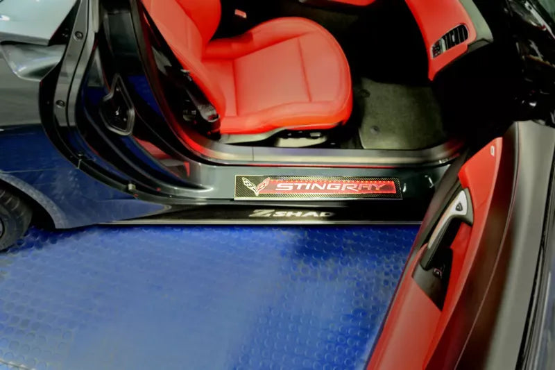 American Car Craft 2Pc Stainless Blue Led Carbon Fiber Door Sill Overlays Chevrolet Corvette Z06 | Z51 | Stingray C7 2014-2019