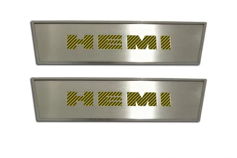 American Car Craft 2Pc Synergy Green Solid Stainless Steel Door Badge Plate w/HEMI Inlay Dodge Challenger 2008-2014