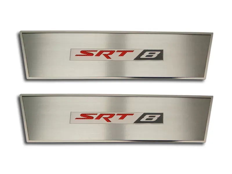 American Car Craft 2Pc SRT8 Orange Stainless Steel Door Badge Plate w/SRT8 Inlay Dodge Challenger 2008-2014