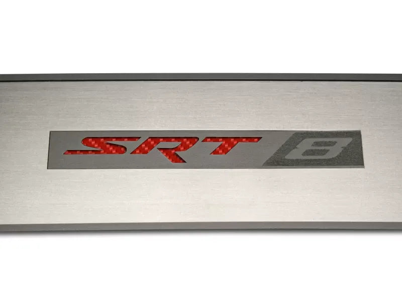 American Car Craft 2Pc Red Carbon Fiber Stainless Steel Door Badge Plate w/SRT8 Inlay Dodge Challenger 2008-2014