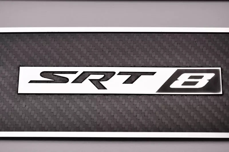American Car Craft 2Pc Polished Stainless Trim Carbon Fiber Door Badge Plates w/SRT8 Emblem Dodge Challenger 2008-2014