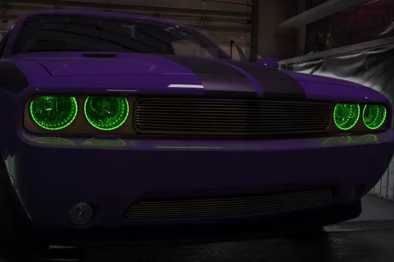 American Car Craft 2Pc Stainless Steel Green LED Halo Headlight Surrounds Dodge Challenger 2008-2014
