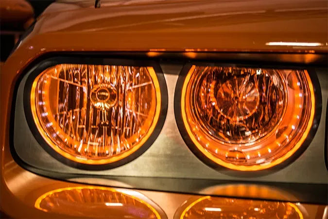 American Car Craft 2Pc Stainless Steel Orange LED Halo Headlight Surrounds Dodge Challenger 2008-2014