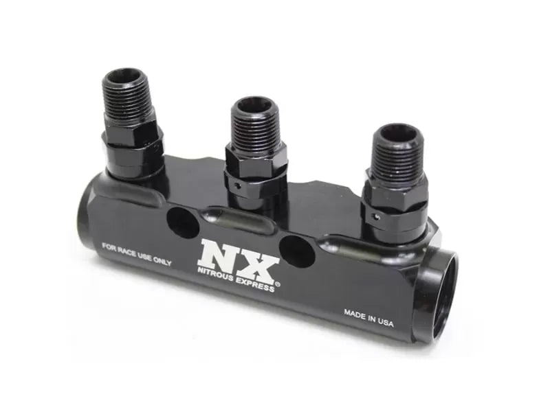 Nitrous Express 3 Port Fuel Log with Fittings, Anodized Aluminum, 12 AN Inlet, 8 AN Outlet