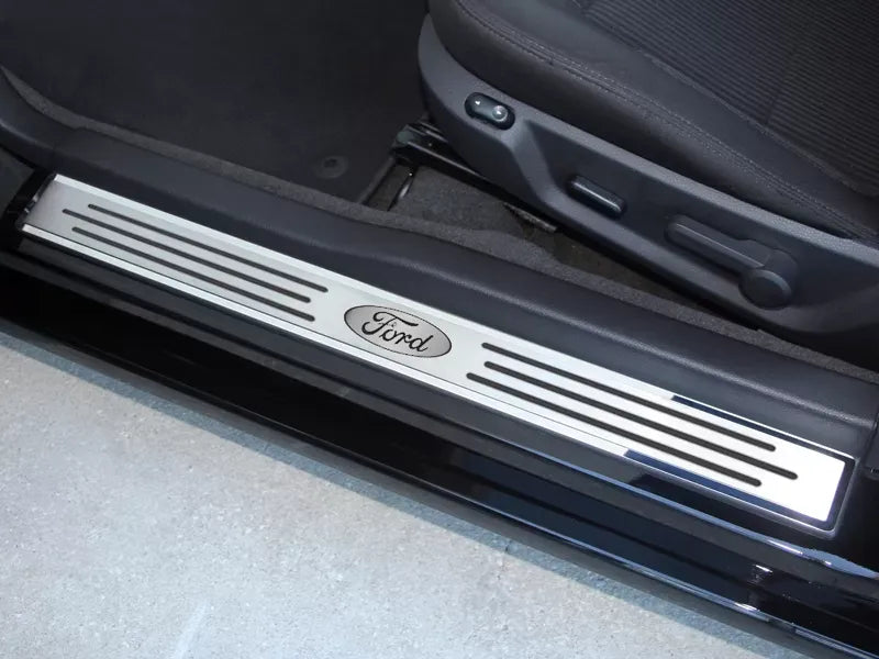 American Car Craft 2Pc Polished/Brushed Stainless Steel Oval w/Slotted Carbon Fiber Outer Door Sills Ford Mustang 2010-2014