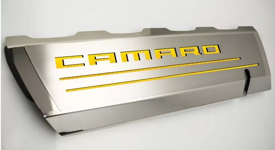 American Car Craft 2Pc Polished Stainless Steel Yellow Carbon Fiber Fuel Rail Cover Chevrolet Camaro SS 2016-2021