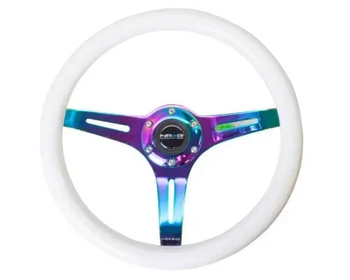 NRG Classic Wood Grain Whl - 350MM 3 Neochrome Spokes - Glow-In-The-Dark Blue Color