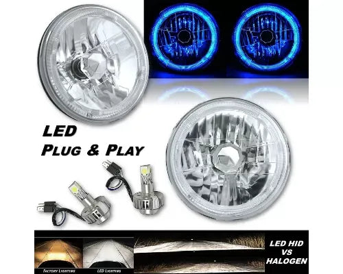 Octane Lighting 7 Inch Blue LED Halo Angel Eye 12V Headlight Headlamp w/ 6k LED H4 Light Bulbs Pair
